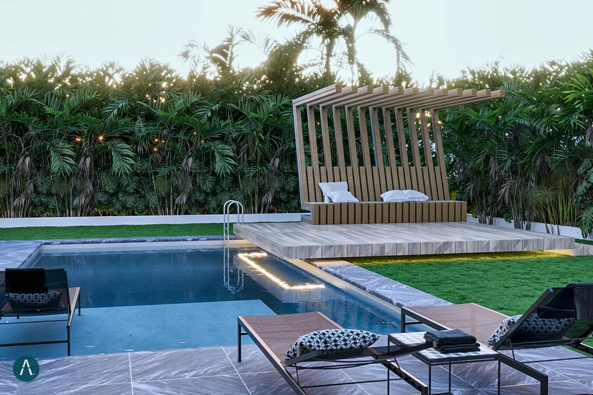 Render exterior de piscina con pérgola de madera al atardecer, Florida, EE. UU.