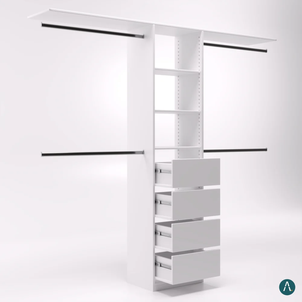 Render de producto en fondo blanco de clóset modular con cuatro cajones y barras para colgar, para catálogo de Custom Closet Florida