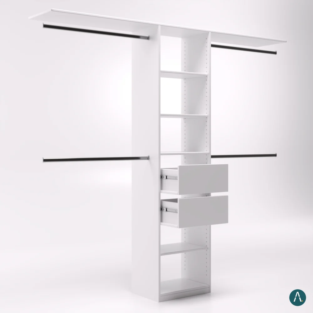Render de producto en fondo blanco de clóset modular con torre de repisas, dos cajones y barras para colgar, para catálogo de Custom Closet Florida