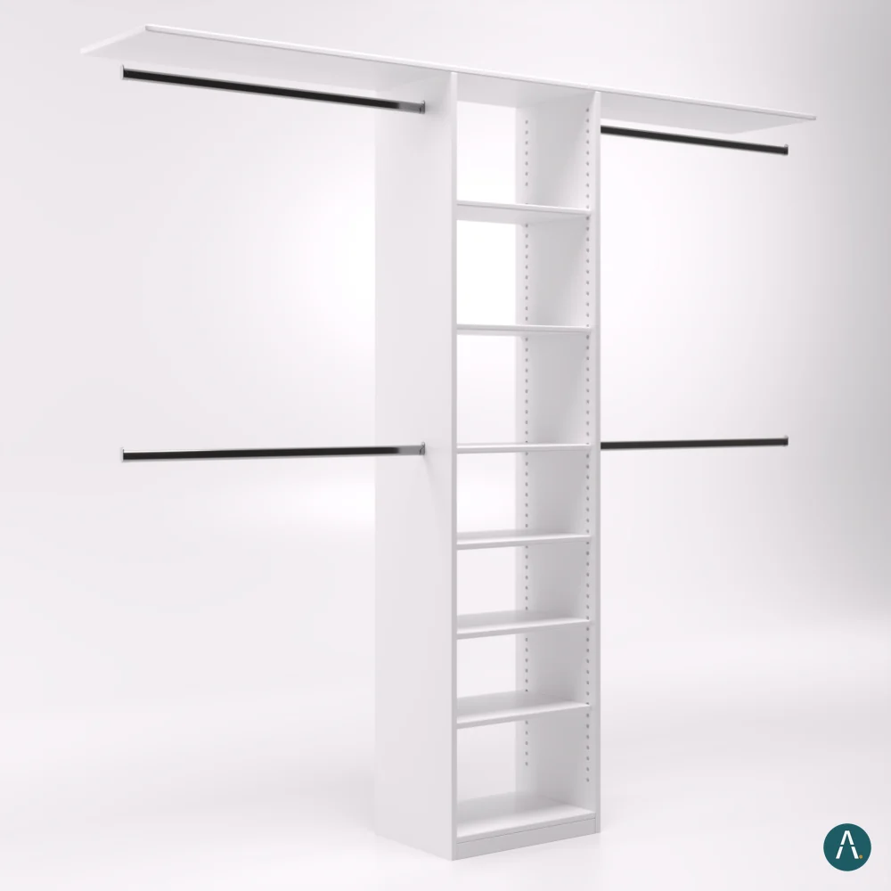 Render de producto en fondo blanco de clóset modular con torre de repisas y barras para colgar, para catálogo de Custom Closet Florida