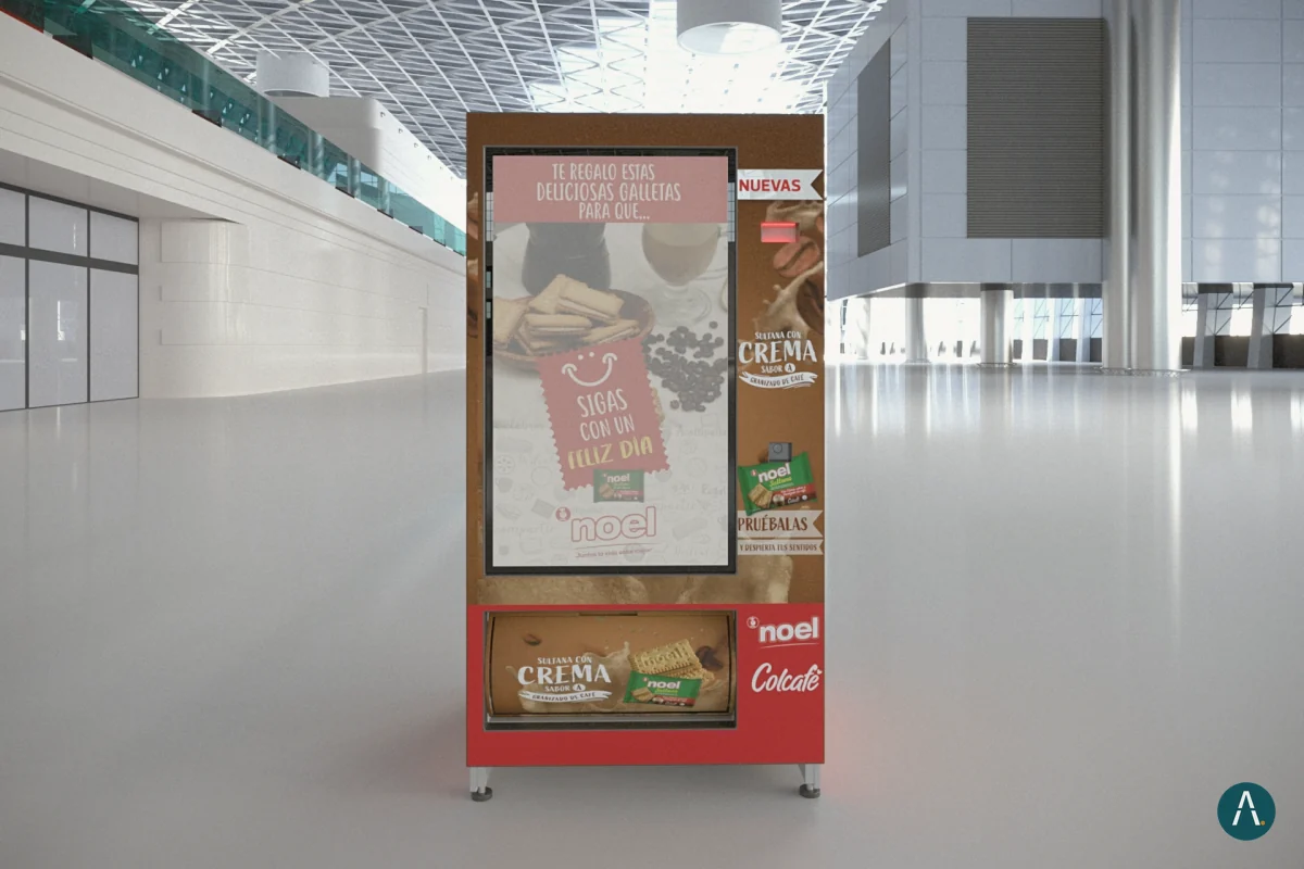 Render de producto de una vending machine con gráfica de marca y pantalla, vista frontal