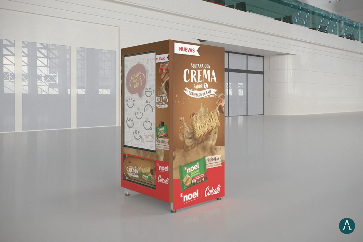 Render de producto de una vending machine con gráfica de marca, vista en ángulo