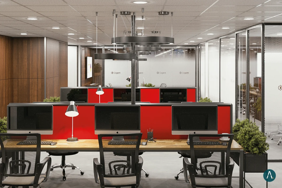 Render de puestos de trabajo en las oficinas de Cogent Andina