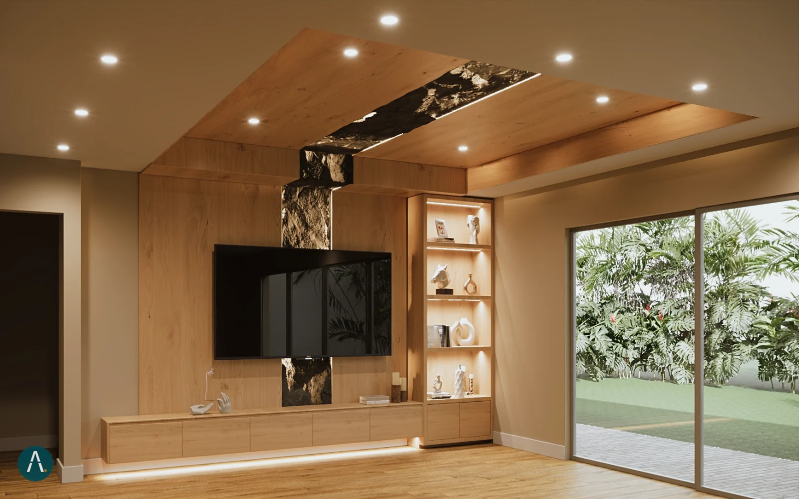 Render de sala con mueble de TV en madera, proyecto en Florida