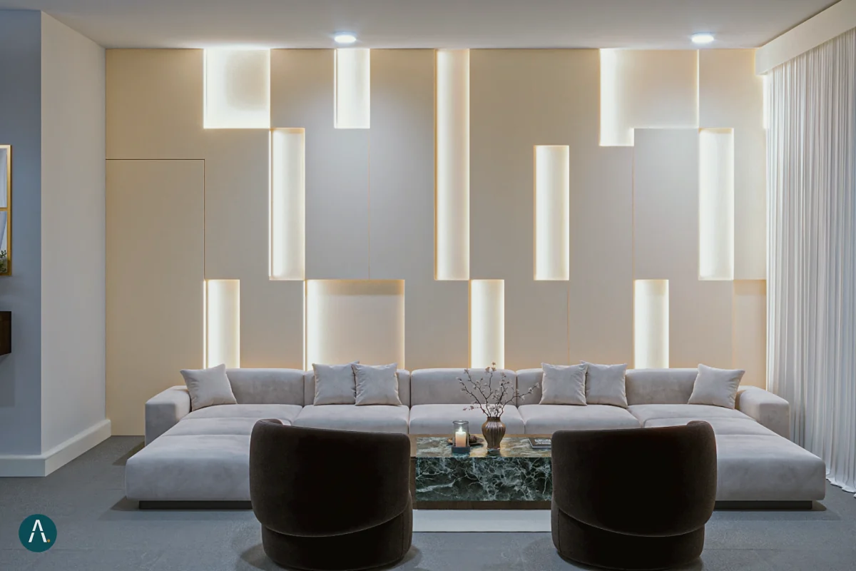 Render frontal de sala con pared ranurada retroiluminada y sofá modular, Florida, EE. UU.