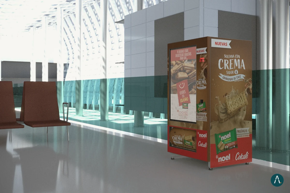 Render de vending machine ubicada en la sala de un aeropuerto, para presentar el producto en contexto