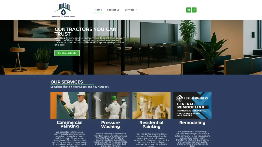 Sitio web de V&G Quality Services diseñado por RADART, vista de escritorio