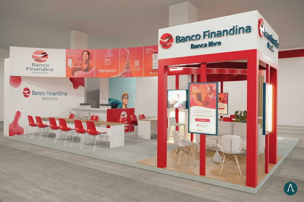 Render de stand de Banco Finandina en esquina, con estructura roja, módulos de atención y piezas gráficas