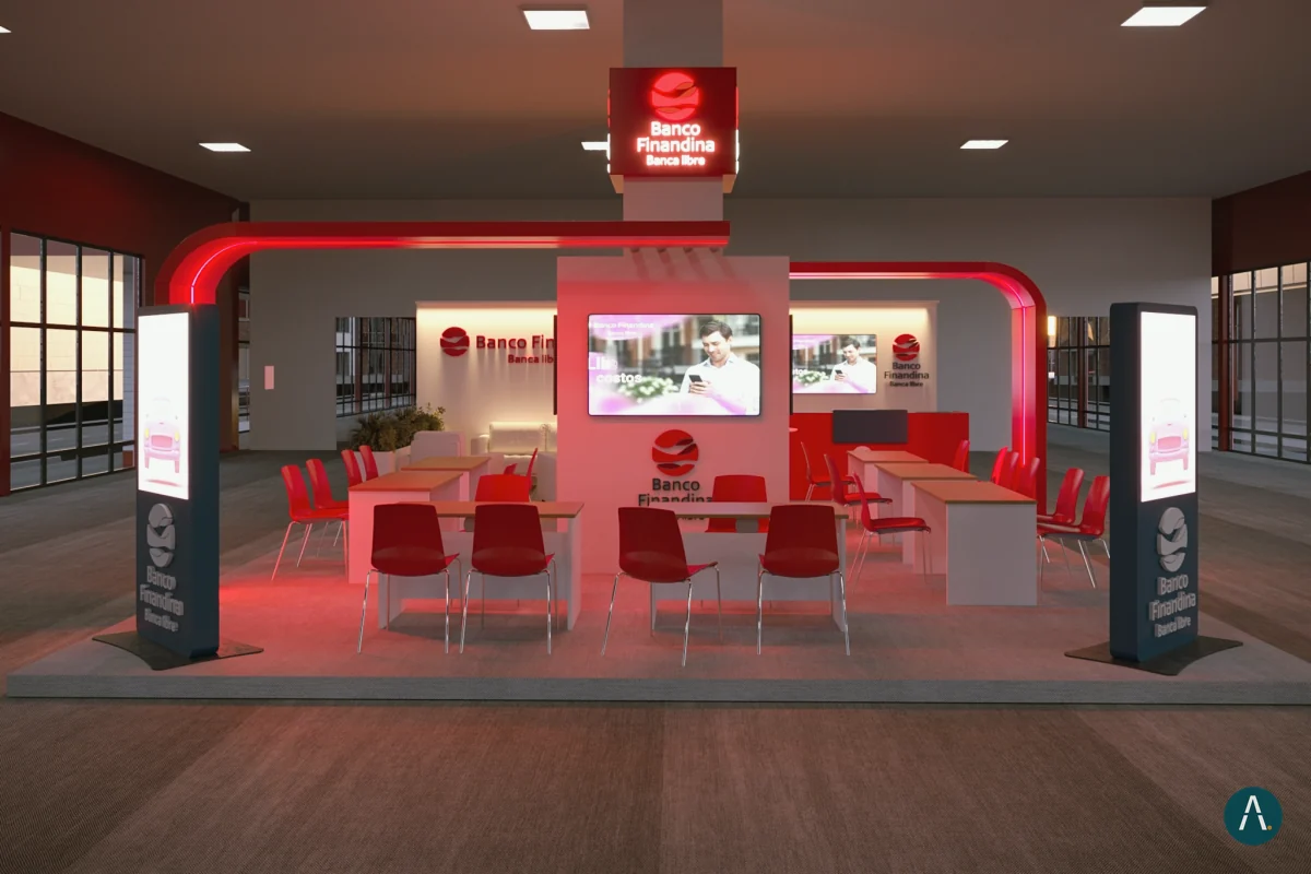 Render de stand de Banco Finandina con marco iluminado en rojo, tótems de marca y mesas de atención