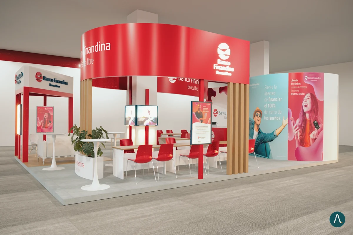 Render de stand en isla de Banco Finandina con aro superior de marca, listones de madera y zonas de atención
