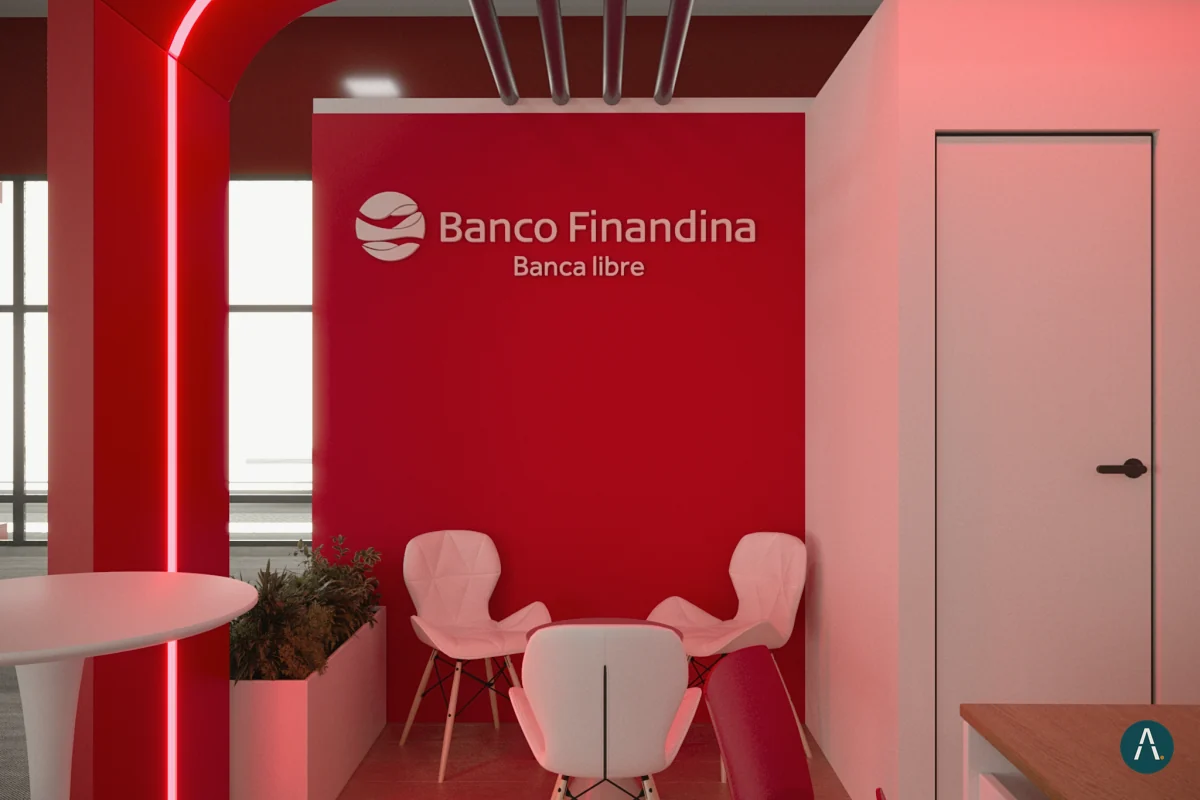 Render de sala de atención privada dentro del stand de Banco Finandina, con sillas blancas y pared de marca