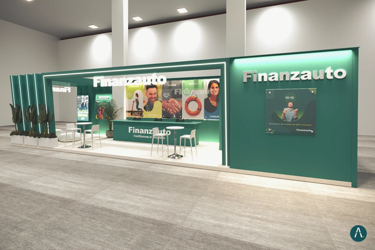 Render de stand lineal de Finanzauto con portal de marca, punto de atención y pared de imágenes