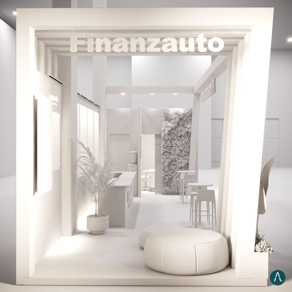 Modelo 3D en blanco del stand de Finanzauto, antes de aplicar materiales y gráficas