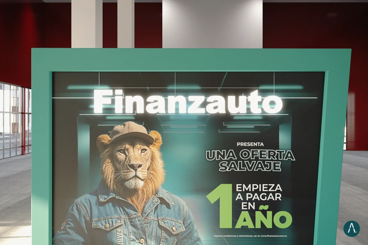 Render del muro gráfico del stand de Finanzauto con la campaña de la feria