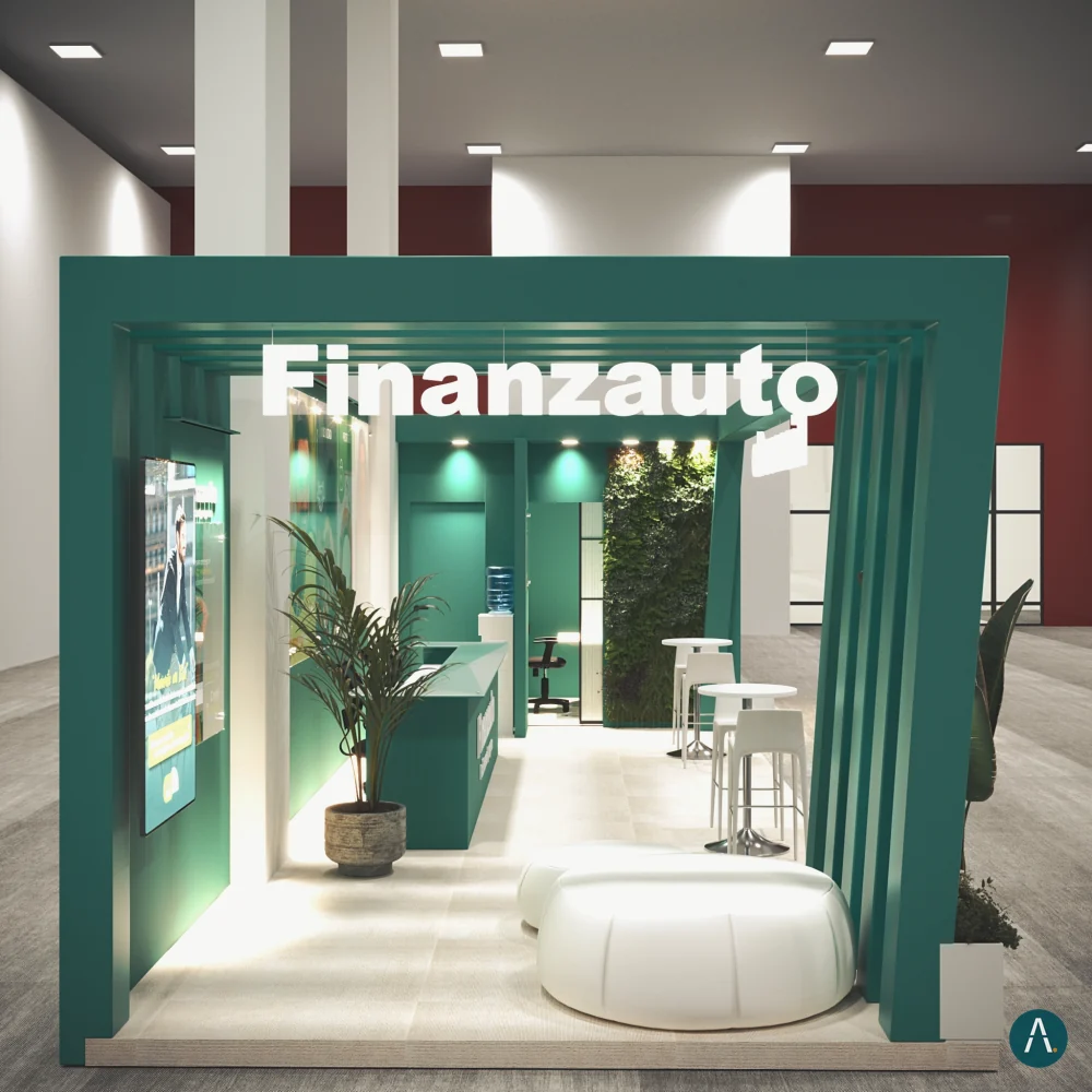 Render final del portal del stand de Finanzauto con marcos verdes, jardín vertical y sala de espera