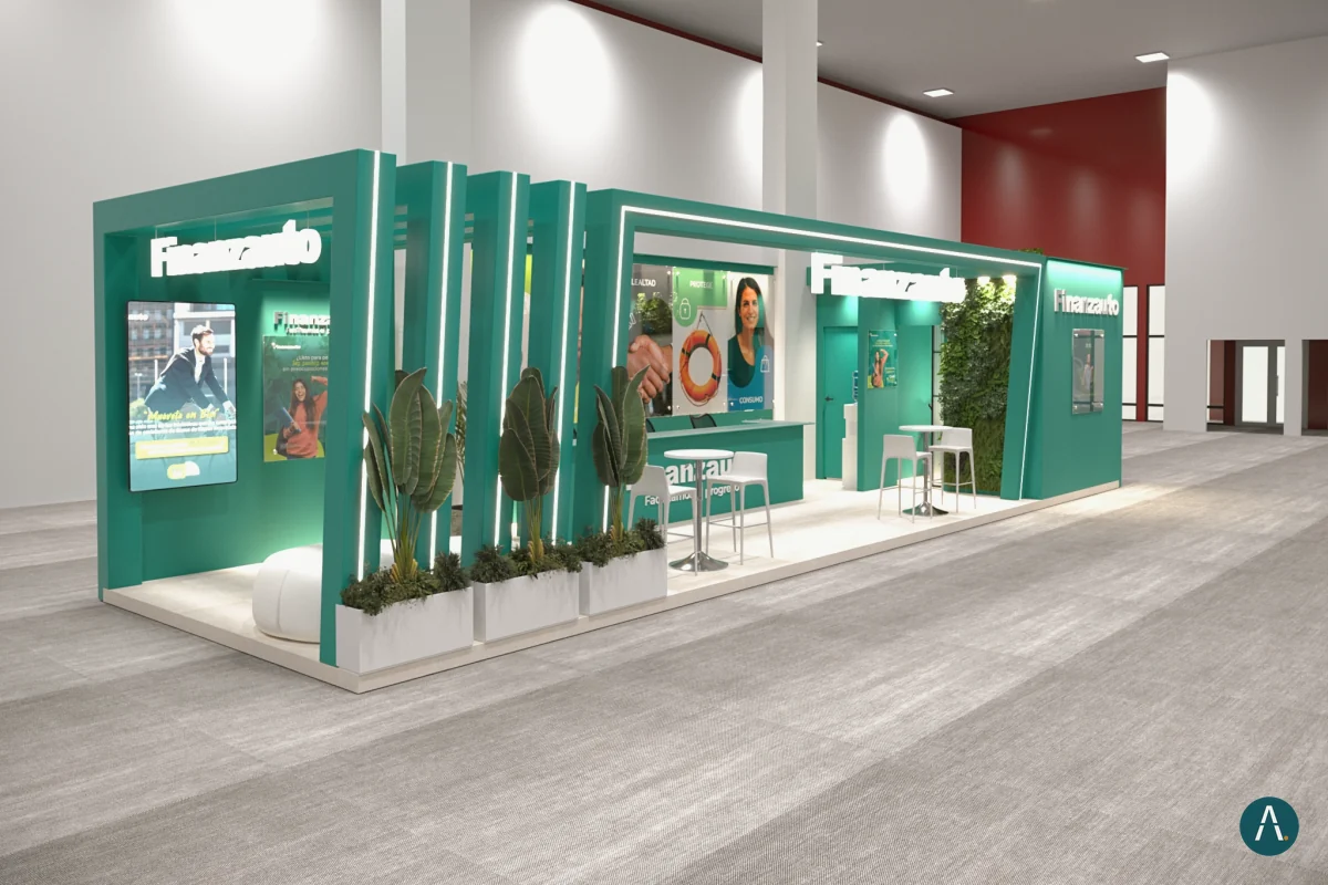 Render de vista general del stand de Finanzauto con jardineras, portal de marca y punto de atención