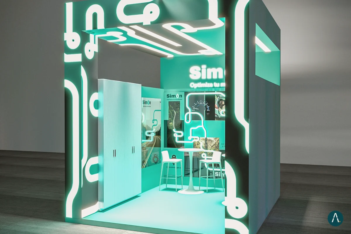 Render de stand modular con estructura negra y aqua, líneas de luz LED y zona de atención