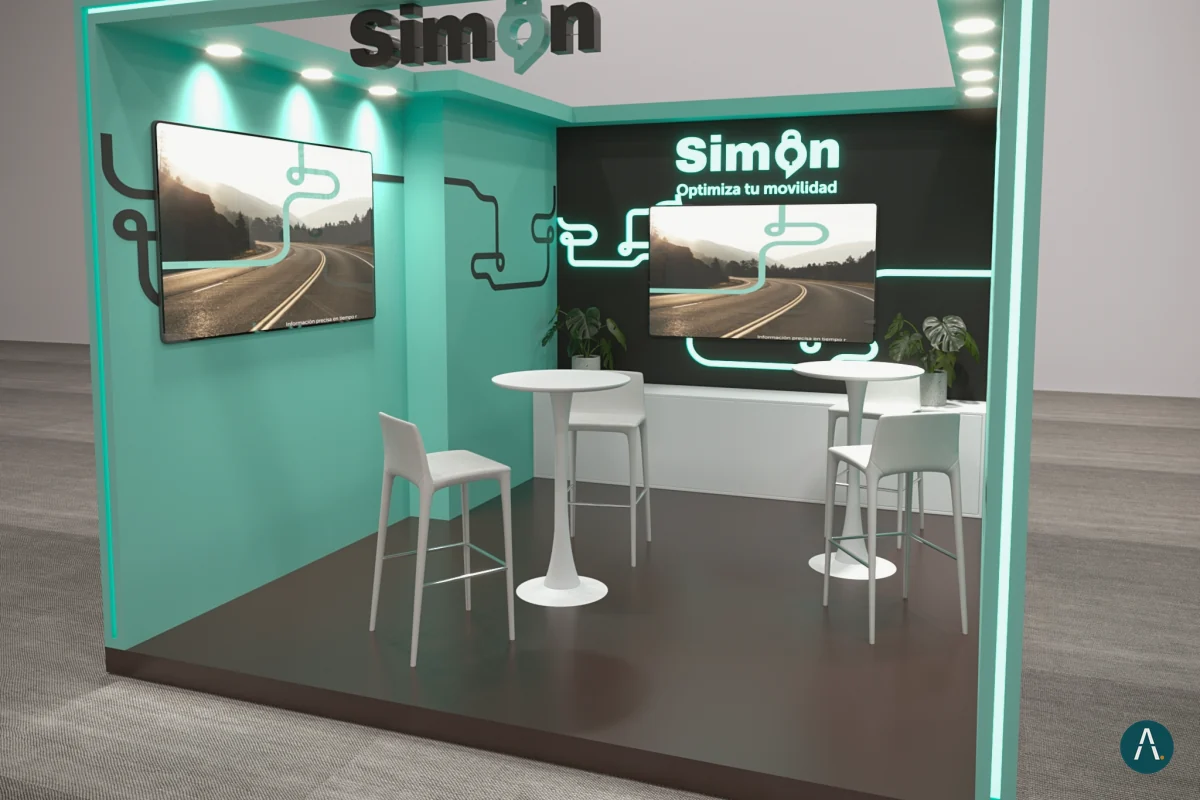 Render de stand pequeño en esquina con paneles aqua, dos pantallas y mesas altas