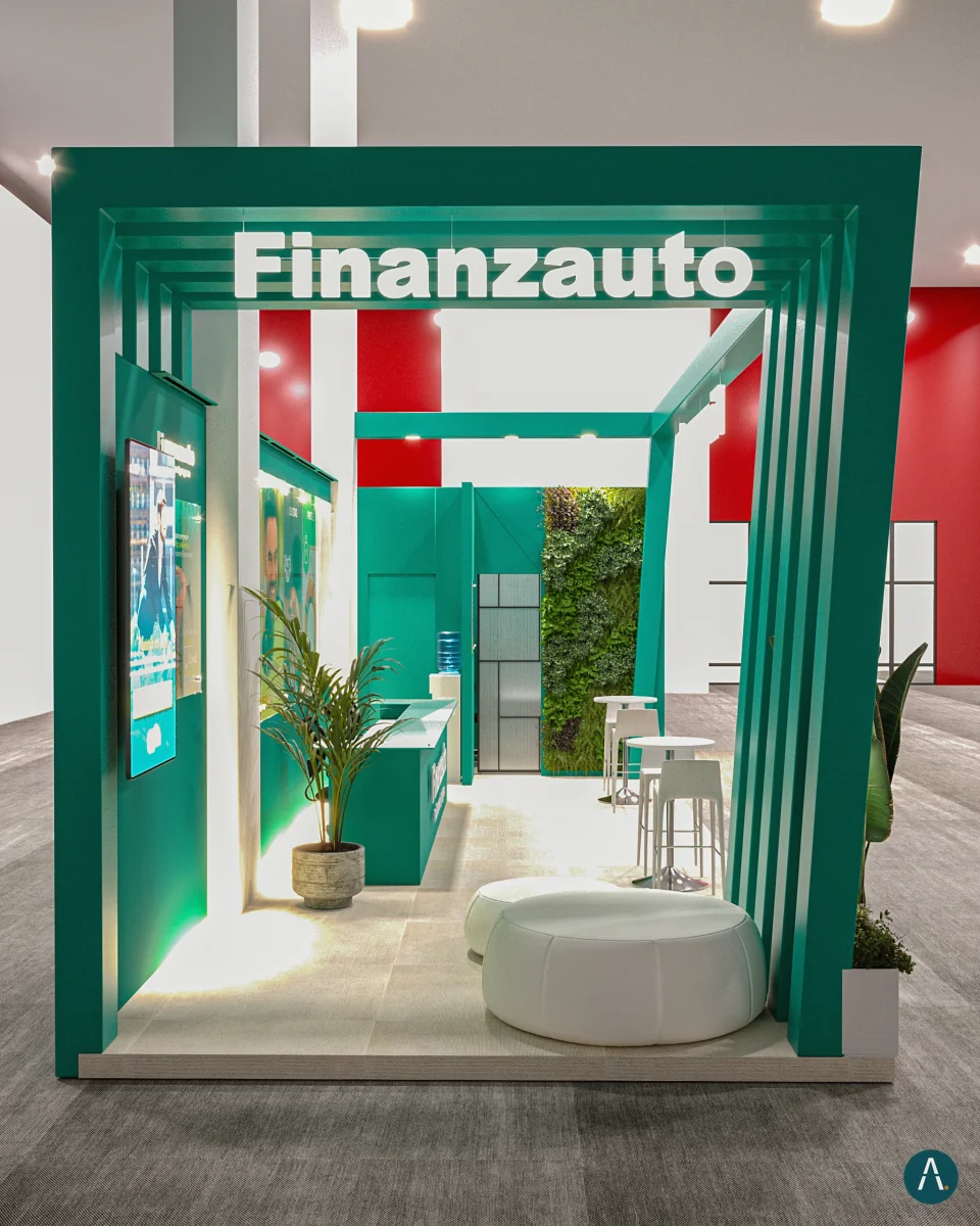 Render vertical de stand tipo portal de Finanzauto con marcos escalonados, jardín vertical y sala